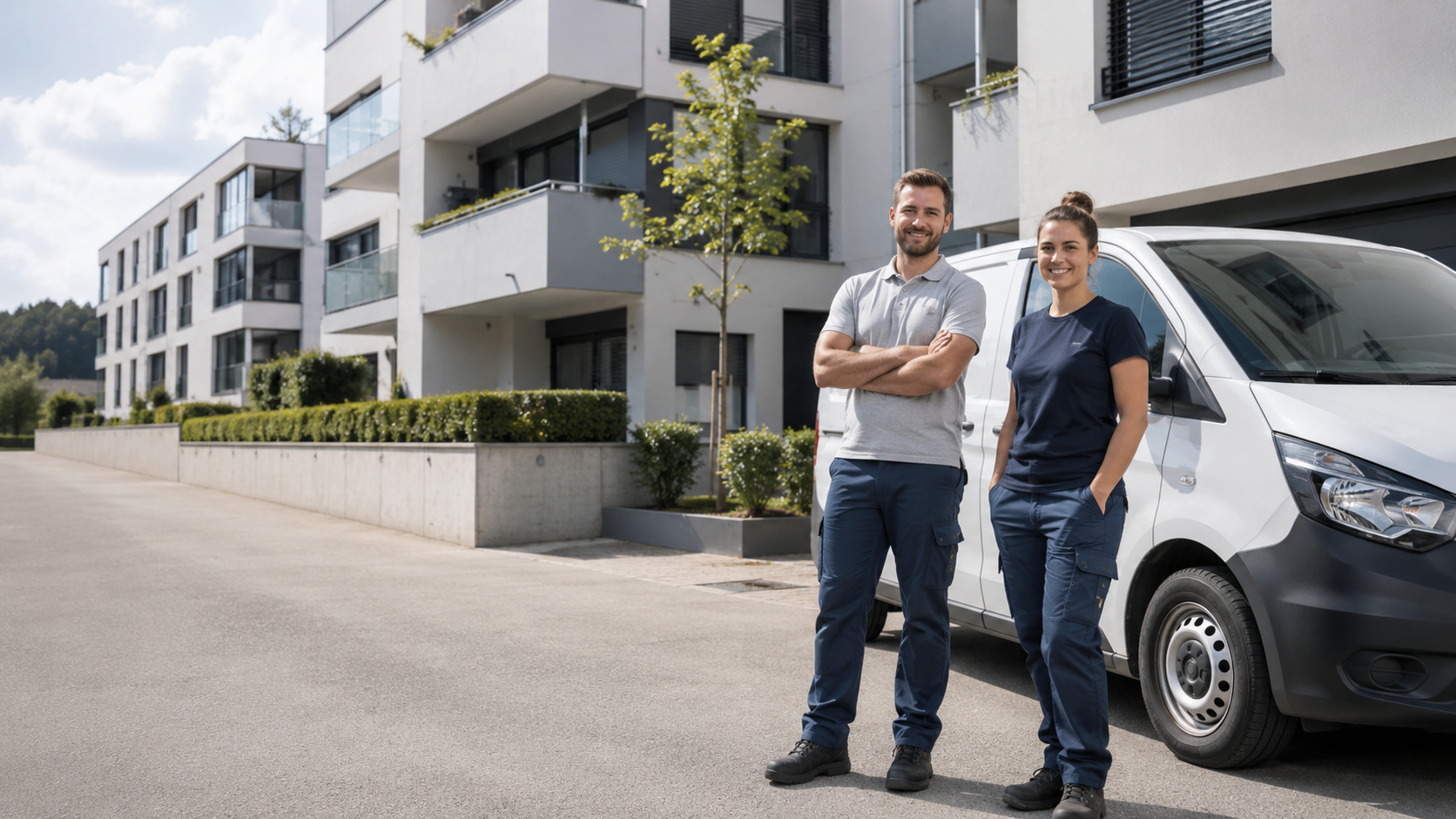 Team von Offina Objektservices vor einer modernen Wohnanlage